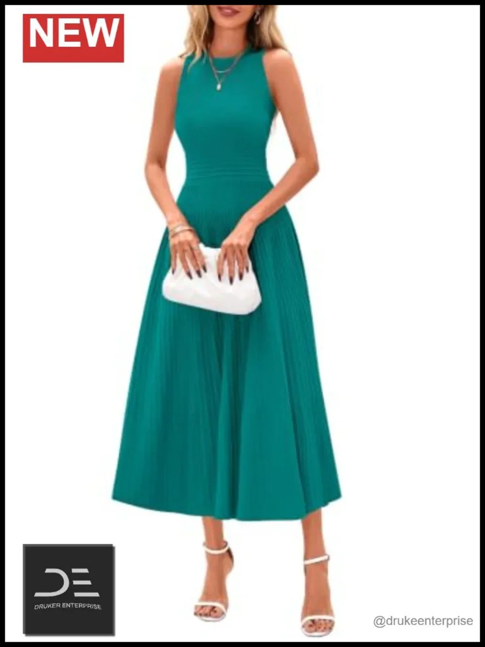 Sleeveless A-Line Midi Cocktail Dress with Pleated Waist